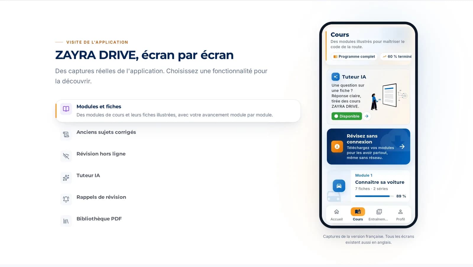 L'application, écran par écran : cours, tuteur IA, révision hors ligne