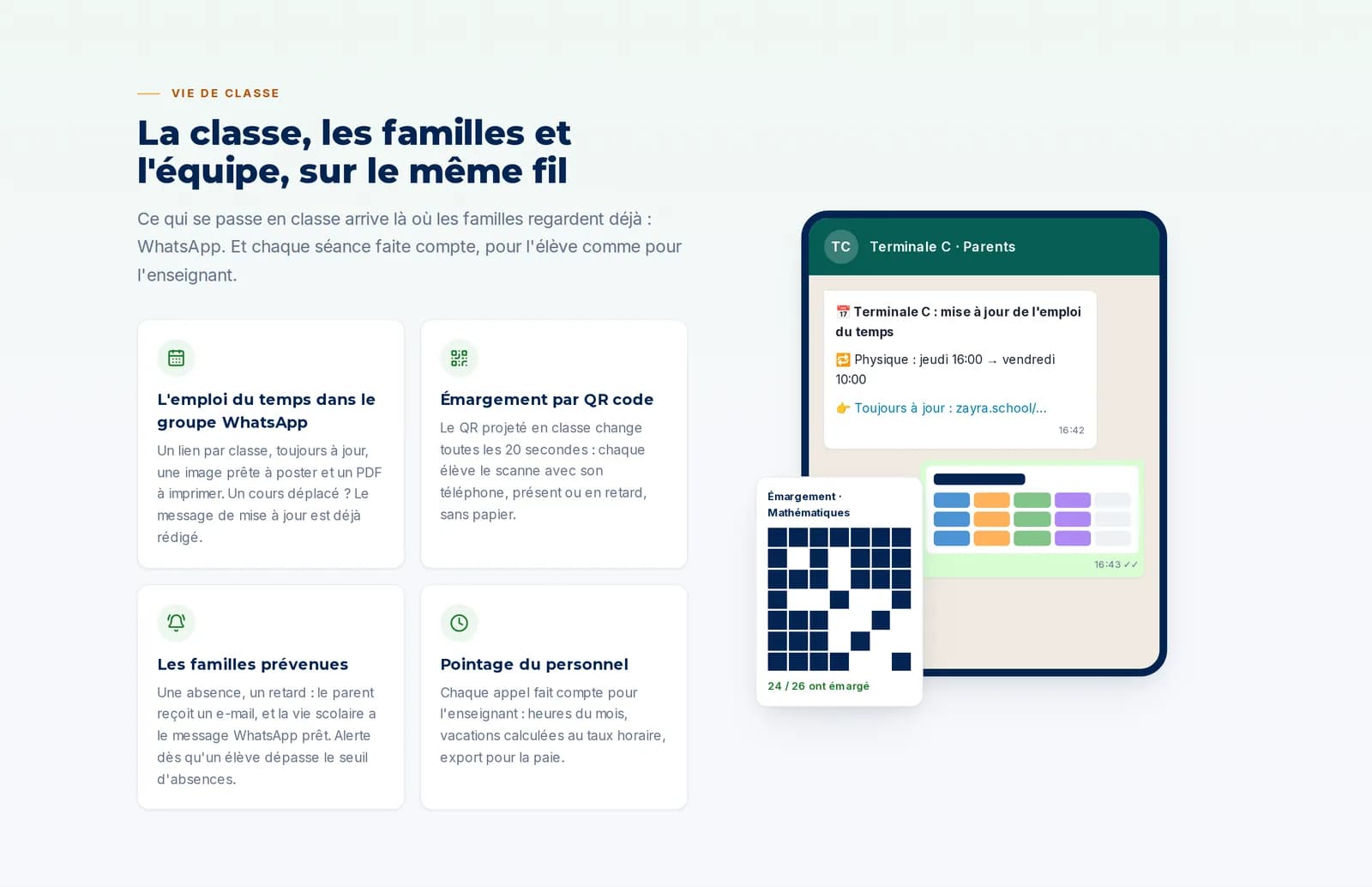 Emploi du temps sur WhatsApp et émargement par QR code